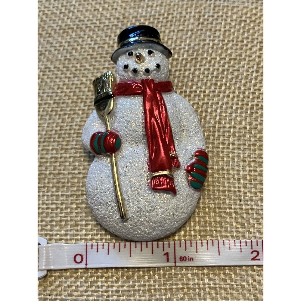 Snowman Brooch Vintage Enamel Red Scarf Gold Broom Christmas Winter Pin - Picture 2 of 3